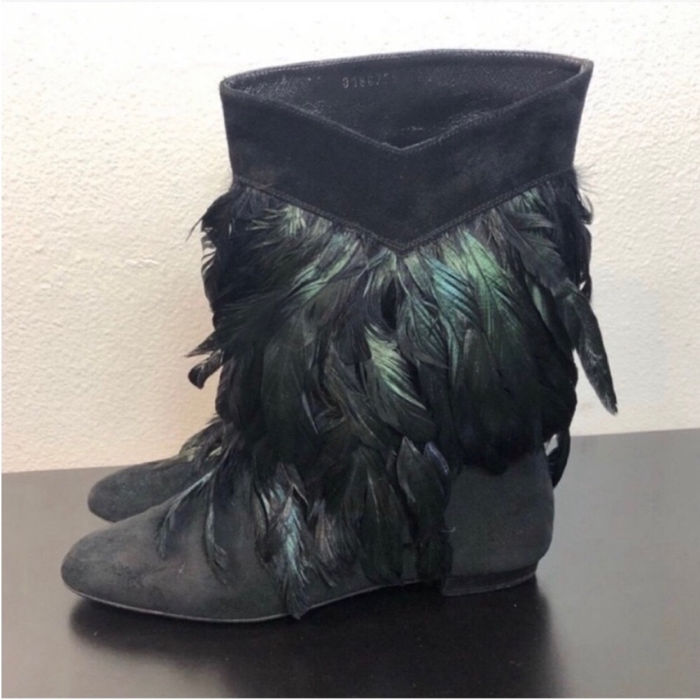 Delman Black Leather Green Feather Boots